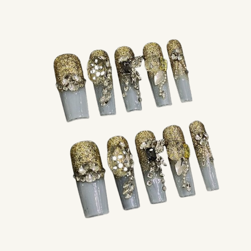 Gold Glitter French Press-On Nails | Long Square Handmade Fake Nails