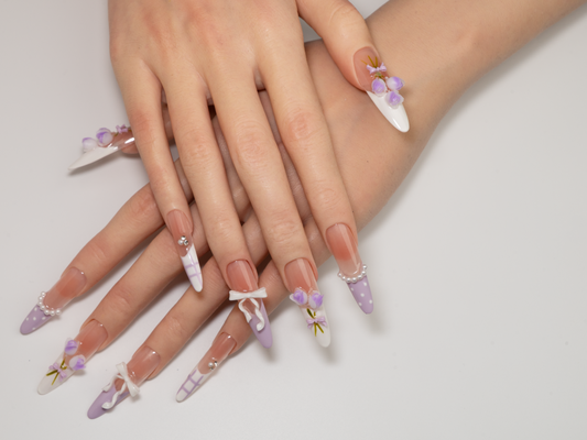 Purple Plaid Press-On Nails | Handmade Flower Bow Stiletto