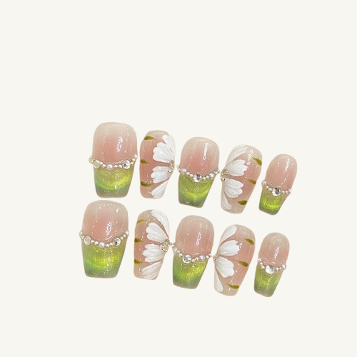 Green Field Flora Elegant Press-On Nails | Hand-painted Ballet