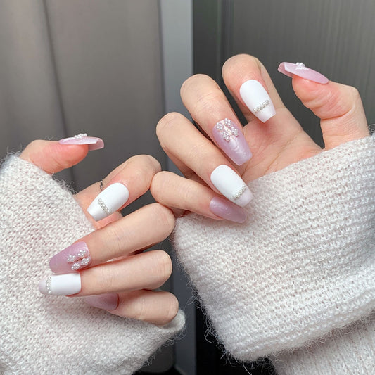 Pink-White Lace Pearl Trapezoid Press-On Nails