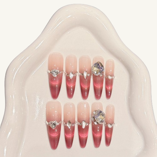 Rose Jelly Press-On Nails | Handmade Ombre Cat Eye Crystal Stiletto