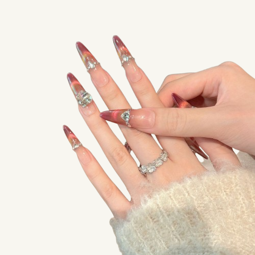 Rose Jelly Press-On Nails | Handmade Ombre Cat Eye Crystal Stiletto