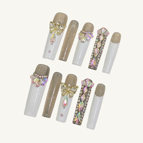 Milky White & Nude Brown Press-On Nails | Long Handmade Square Nails