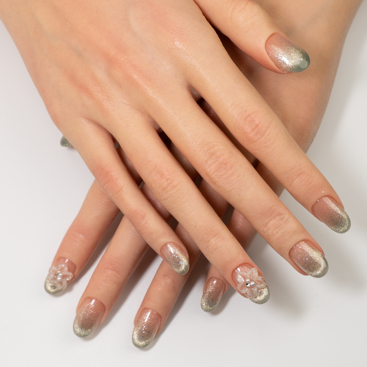 Pink Green Ombre Flower Oval Press-On Nails