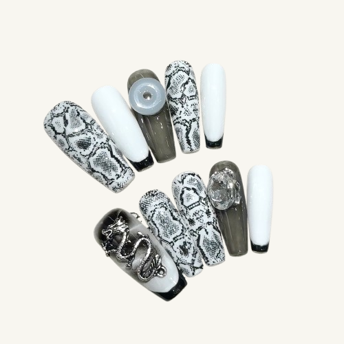 Jade Dragon Press-On Nails | Handmade Jade Disc Snakeskin Coffin