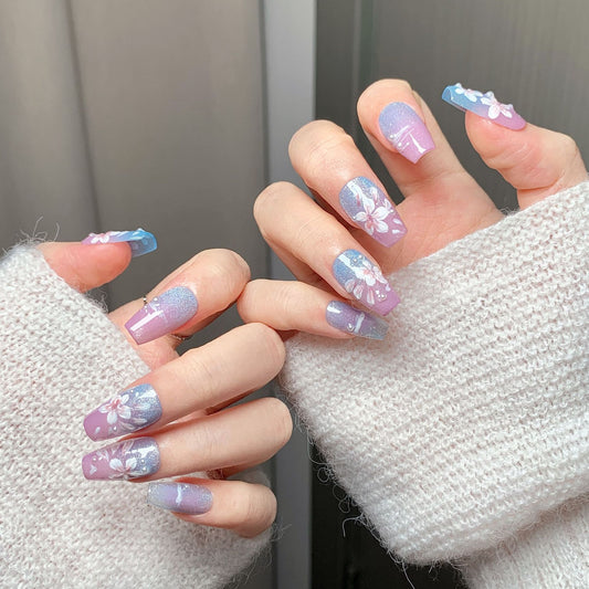 Pink-Blue Cherry Blossom Trapezoid Press-On Nails