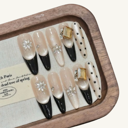 Vintage Crystal Press-On Nails | Handmade Cat Eye Flower Stiletto
