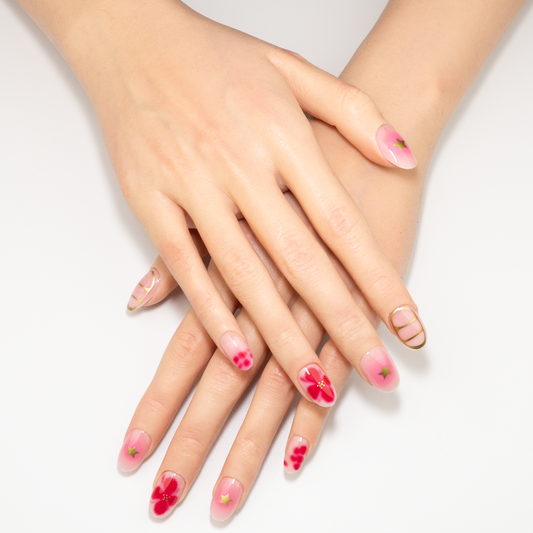 Pink Flower Gold Star Press-On Nails