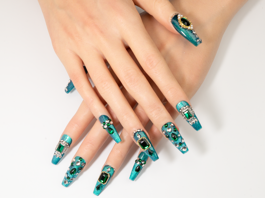 Mermaid's Trove Press-On Nails | Handmade Emerald Glitter Coffin