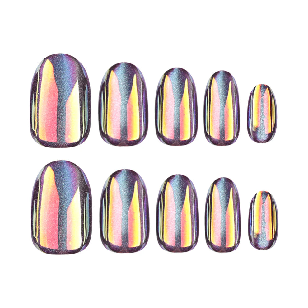 Nebula's Eye Press-On Nails | Purple Gold Chameleon Cat Eye Oval