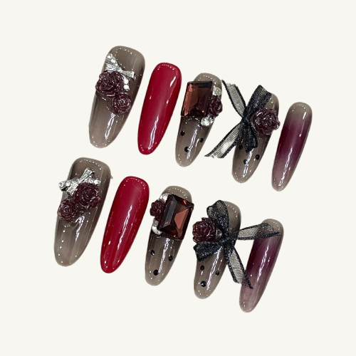 Wine Red Gem Press-On Nails | Long Almond Handmade Fake Nails