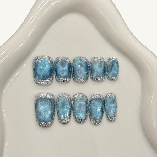 Crystal Cave Press-On Nails | Handmade Blue Cat Eye Diamond Trim