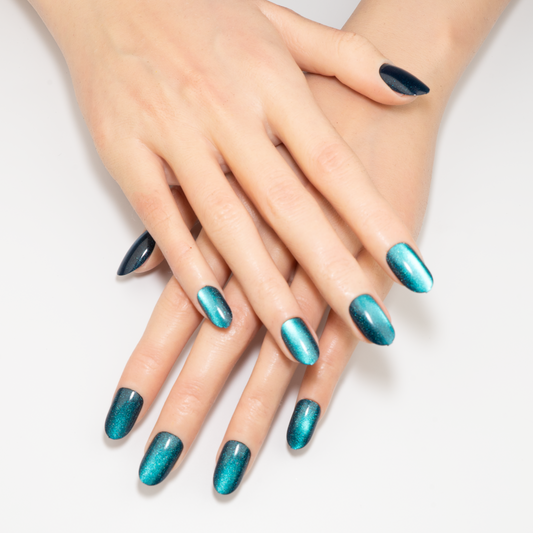 Galaxy Blue Cat Eye Teal Oval Press-On Nails