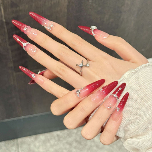 Burgundy Diamond Long Stiletto Press-On Nails