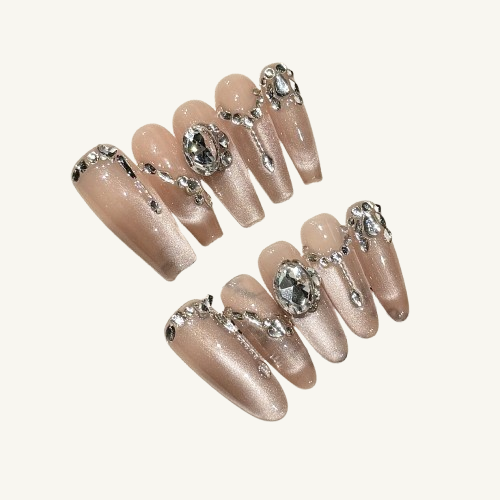 Nude Cat Eye Jewelry Press-On Nails | Long Handmade Fake Nails