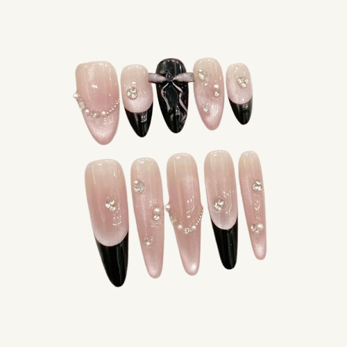 French Bow Press On Nails | Glitter Cat Eye | Handmade