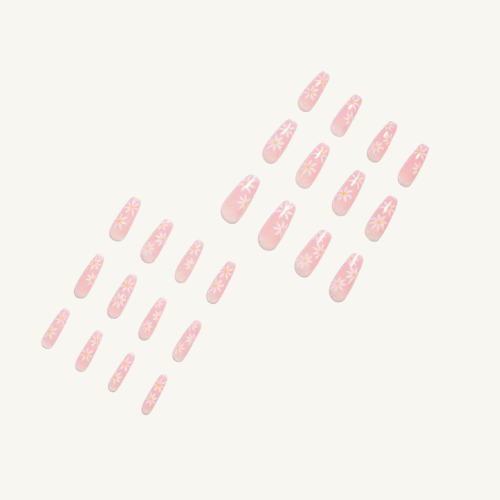 Fresh Daisy Press-On Nails | White Floral Pattern Coffin
