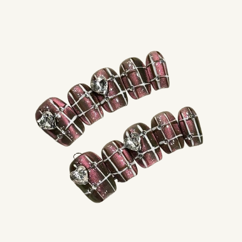 Sweetheart Trap Press-On Nails | Handmade Pink Brown Plaid Coffin