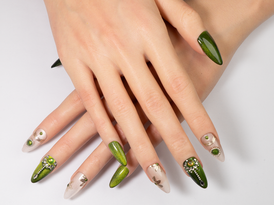 Elven Gem Press On Nails | Green Cat Eye Handmade Long Almond
