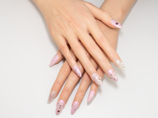 Fairy Dust Press-On Nails | Pink Butterfly Rhinestone Pearl Almond