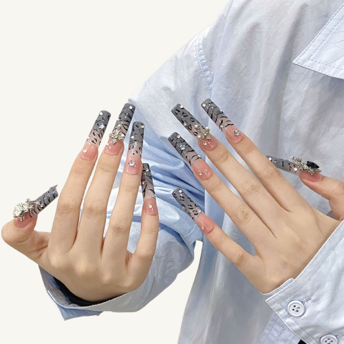 Ombre Tiger Print Press-On Nails | Long Square Handmade Fake Nails