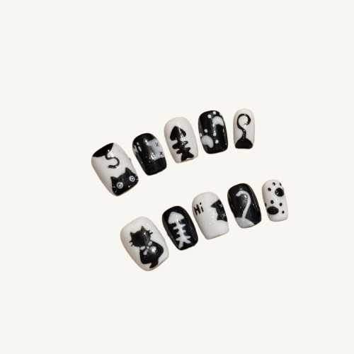Playful Kitty Press-On Nails | Cute Hand-Painted Short Fake Nails
