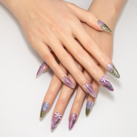 Purple Green Bloom Almond Press-On Nails