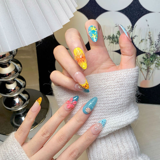 Colorful Floral Almond Press-On Nails