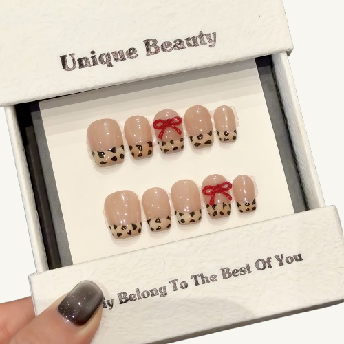 Leopard Bow Press-On Nails | Handmade Nude French Red Ribbon Coffin