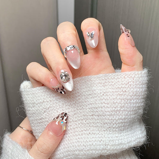 Pink Sheer Leopard Diamond Stiletto Press-On Nails