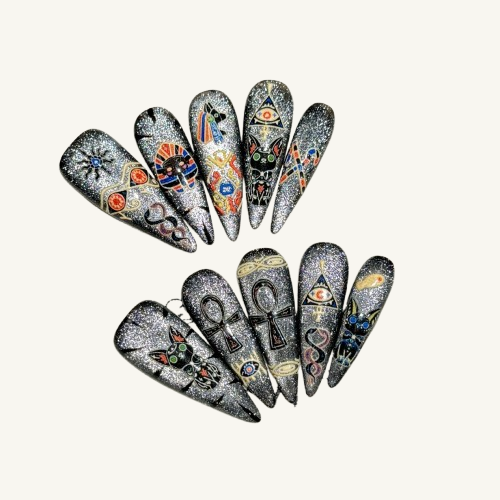 Ancient Egyptian Symbol Press-On Nails | Hand-Painted Art Stiletto