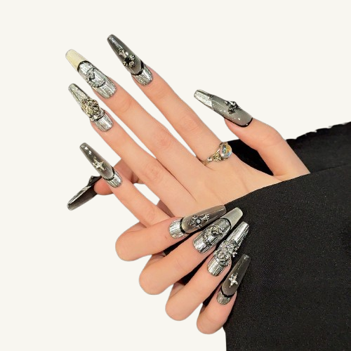 Midnight Chronicle Press-On Nails | Handmade Chrome Silver Coffin