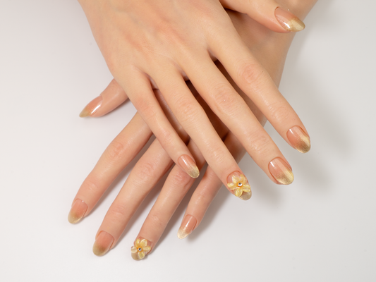 Summer Glass Flower Press-On Nails | Handmade 3D Floral Gold Ombre