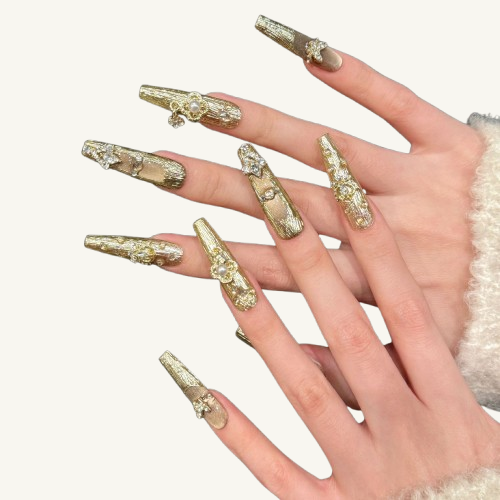 Gilded Sanctuary Press-On Nails | Handmade Cat Eye Crystal Coffin