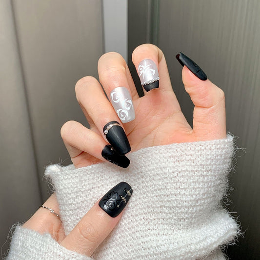 Black Silver Rose Trapezoid Press-On Nails