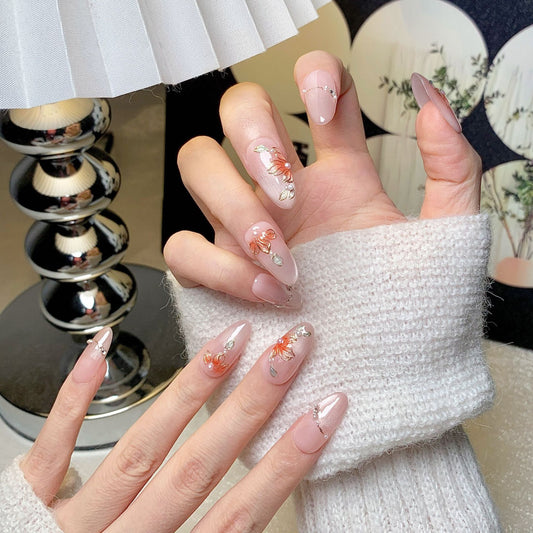 Nude Pink Orange-Flower Oval Luxury Press-On Nails