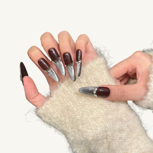 Galaxy Mocha Press-On Nails | Handmade French Cat Eye Jewel Stiletto
