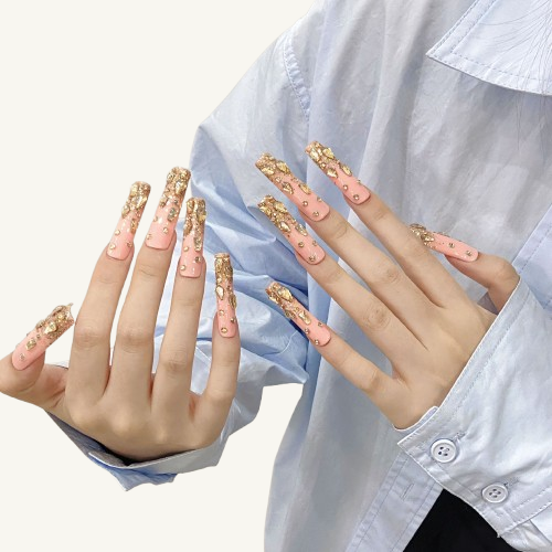 Gold Glitter French Press-On Nails | Long Square Handmade Fake Nails