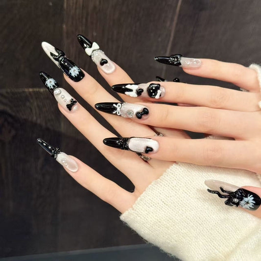 Black White Kitty Long Stiletto Press-On Nails