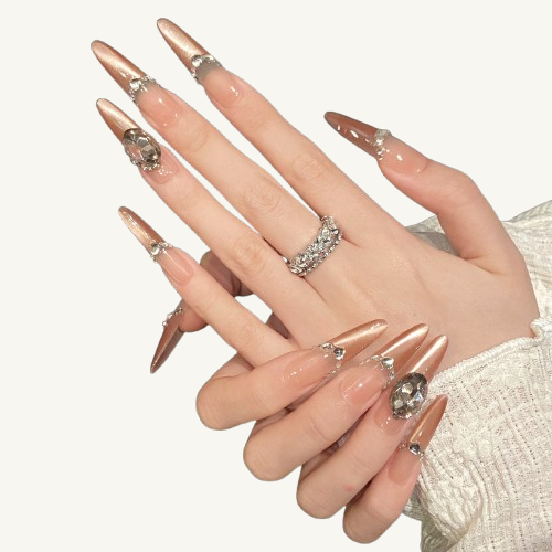 Sunset Treasure Press-On Nails | Handmade Cat Eye French Gem Pearl