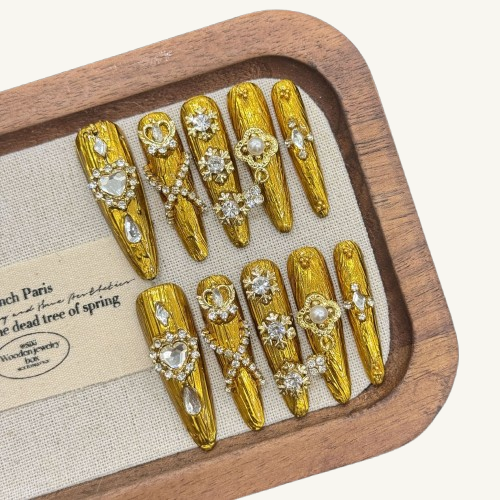 Rococo Reverie Press-On Nails | Handmade Diamond Pearl Dangle Stiletto