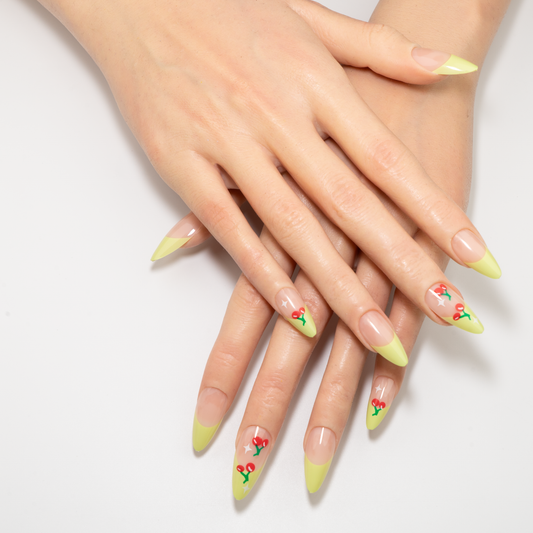 Cute Cherry Press-On Nails | Green French Red Gems Stiletto