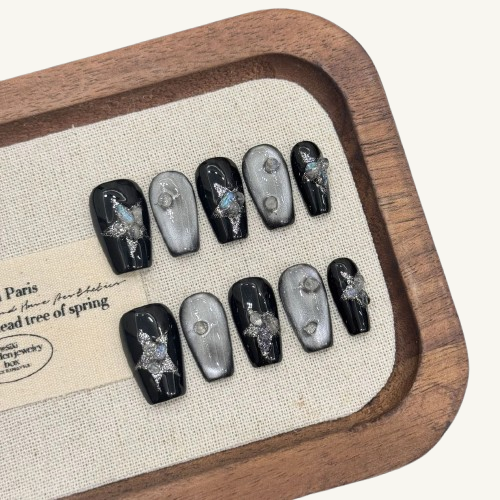Stardust Meteor Press-On Nails | Handmade Cat Eye Starburst Coffin