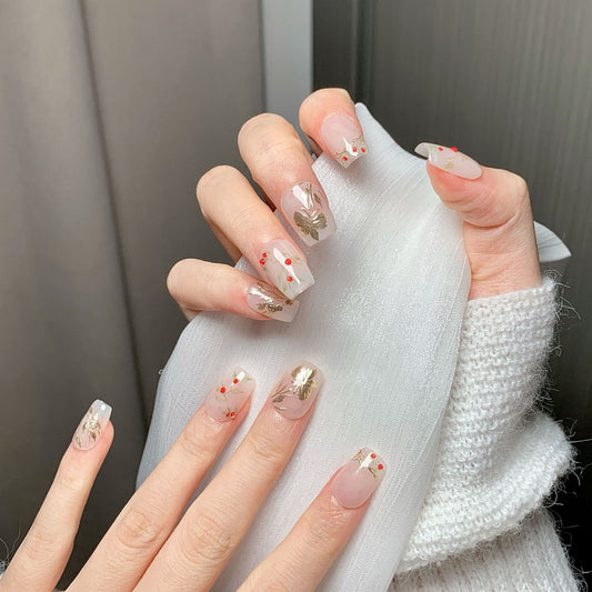 Sheer Gold Motif Short Square Press-On Nails