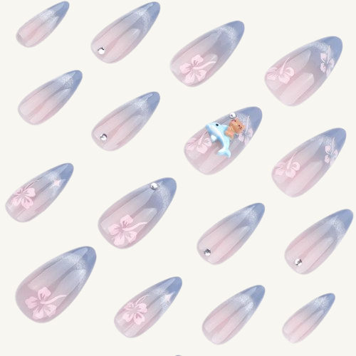 Silver Cat-Eye Ombre Press-On Nails | 3D Dolphin Long Almond