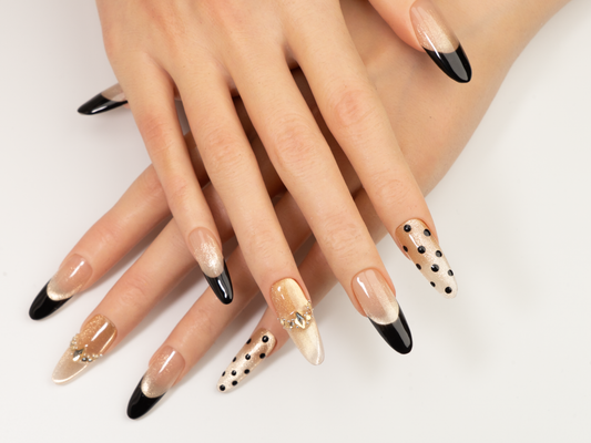 Starlight Polka Dot Press-On Nails | Handmade Black Gold Glitter Oval