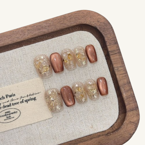 Bronze Cat Eye Press-On Nails | Short Coffin Handmade Fake Nails