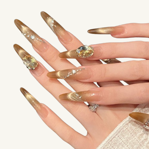 Champagne Meteor Press-On Nails | Handmade Ombre Cat Eye Stiletto