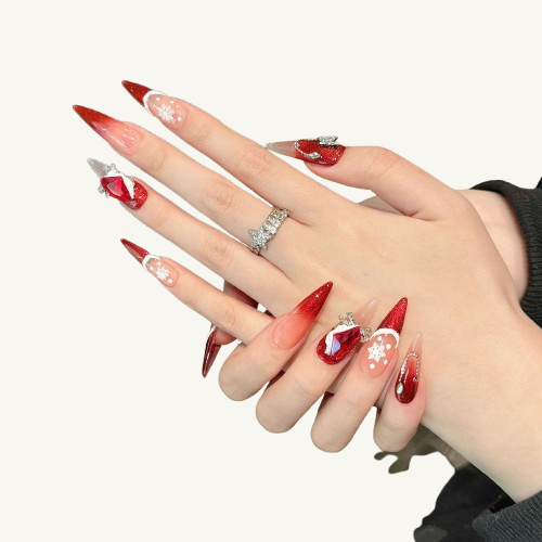 Christmas Ruby Press-On Nails | Long Stiletto Handmade Fake Nails
