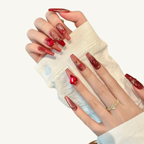 Crimson Passion Press-On Nails | Handmade Cat Eye Ruby Gold Coffin